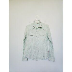 Cowgirl Up Womens M Shirt Pearl Snap Front Studded Metallic Stripe Green Western